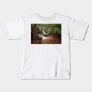 Double waterfall in the rainforest in Hawaii Kids T-Shirt